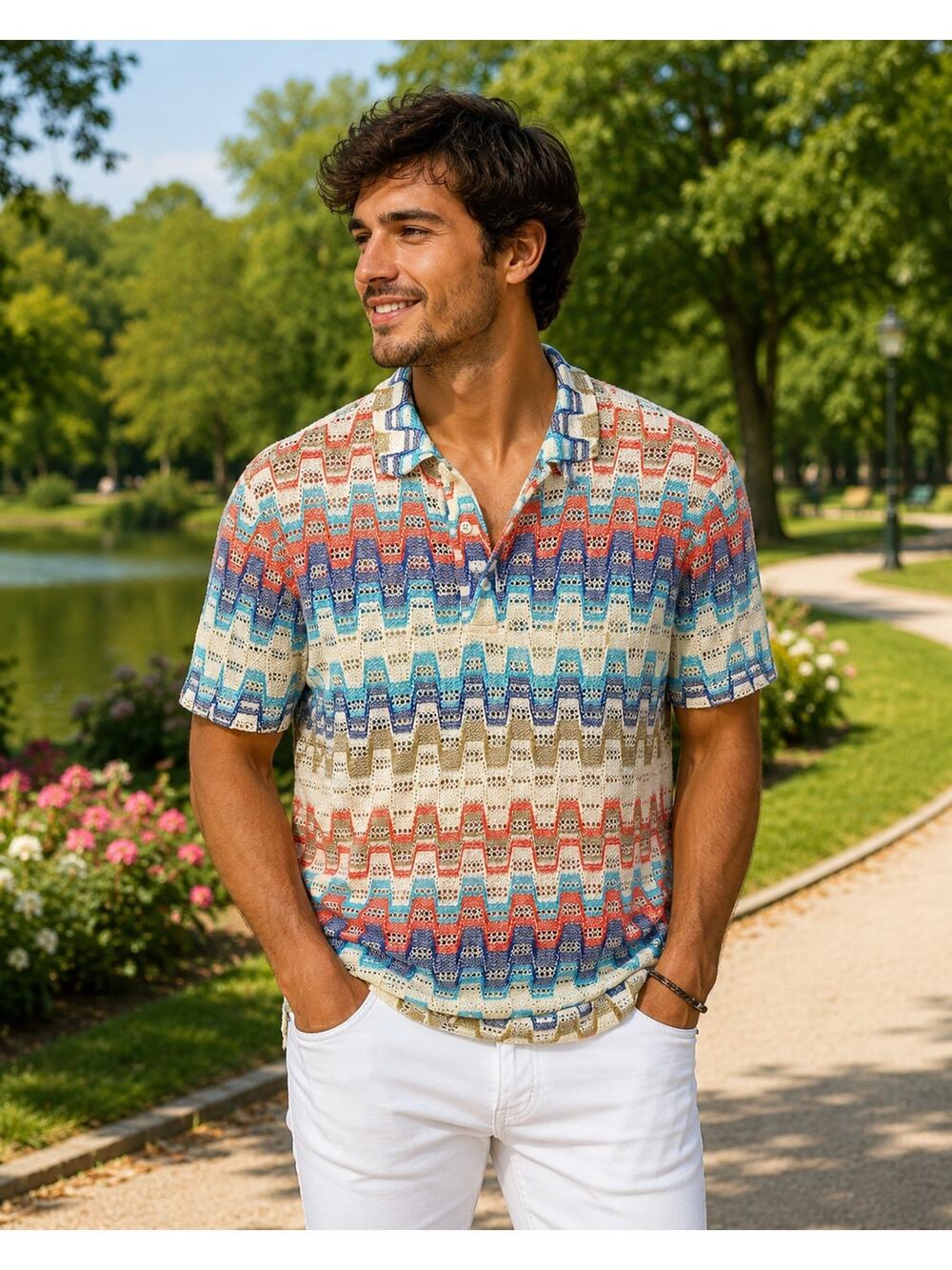 Mr. Turk V-Neck Pullover Shirt Rainbow Wave Psychedelic Mesh Crochet Sz S
